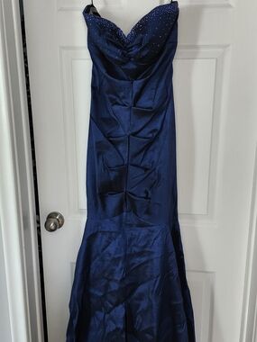 Navy Strapless Evening Gown with Embellished Sweetheart Neckline